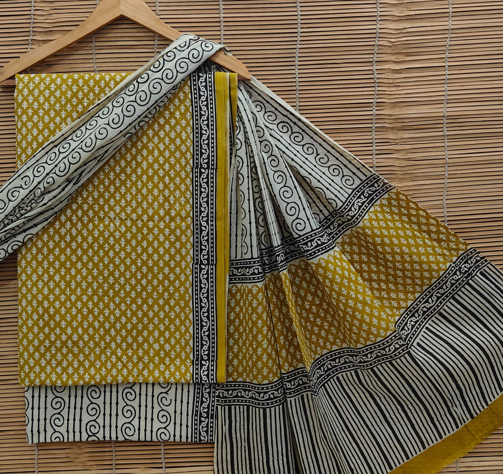 Mustard Yellow & Black Handblock Cotton Suit Set