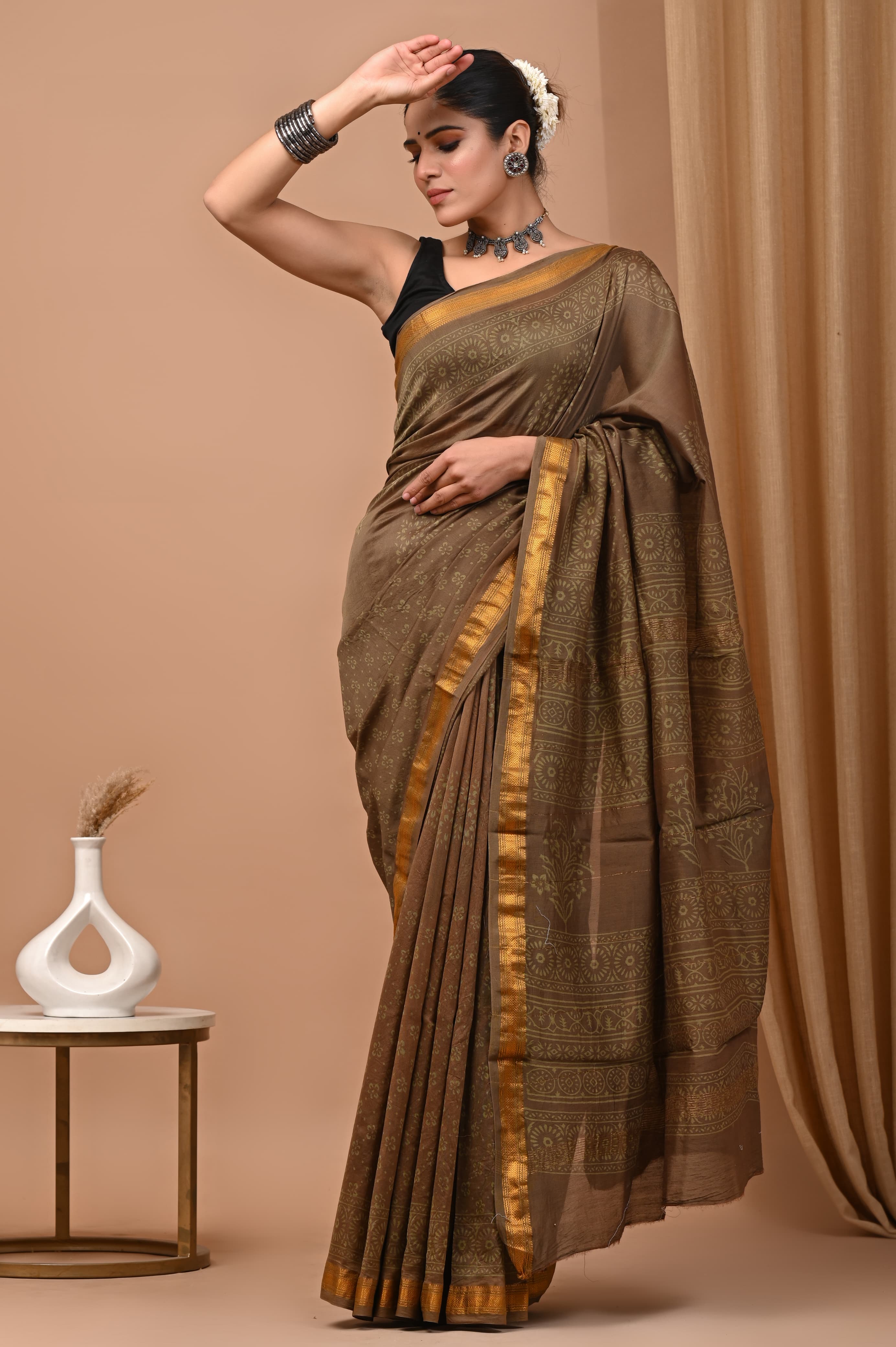 Earthy Brown Dabu Printed Cotton Saree