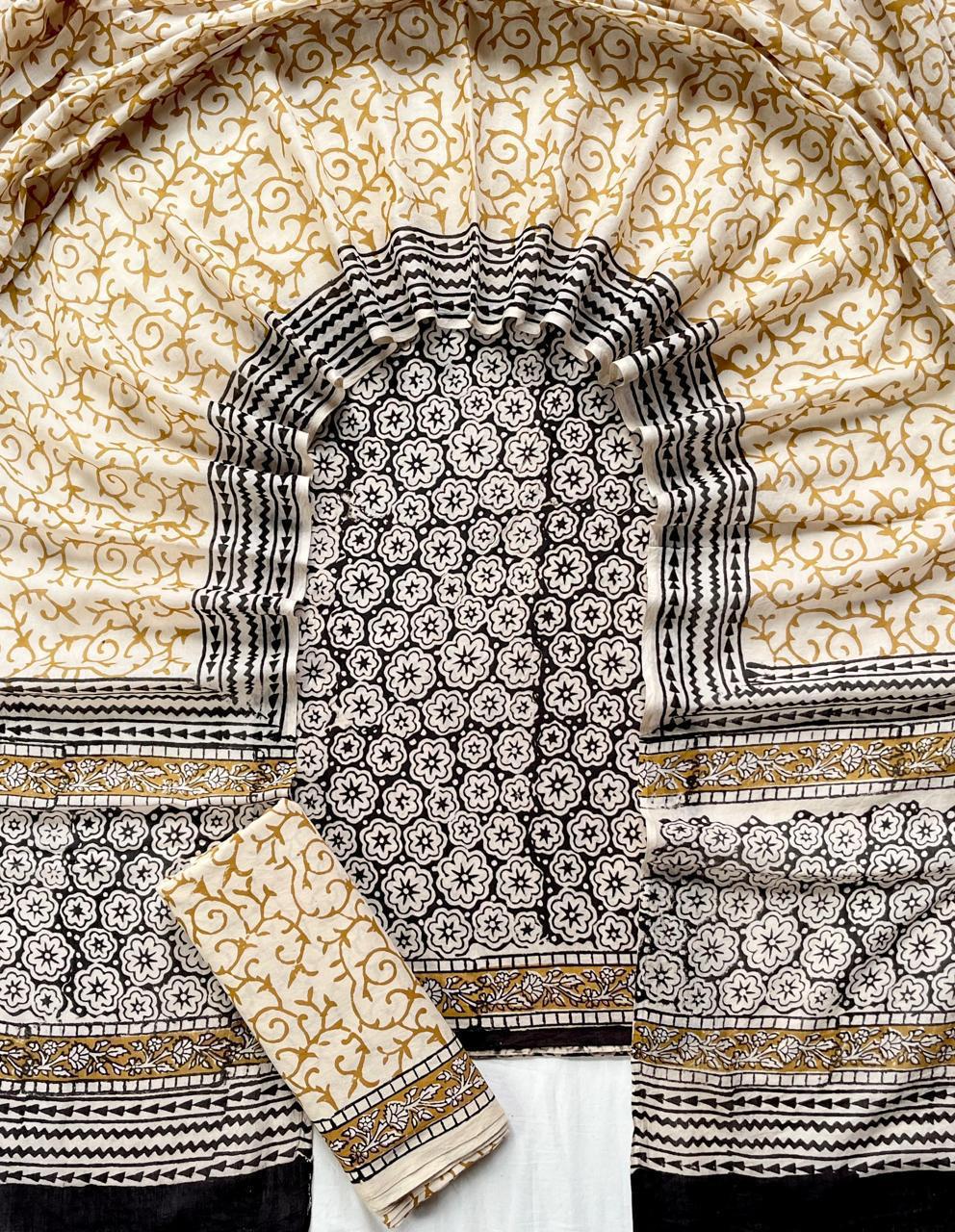 Black & Mustard Floral Cotton Suit Set with Mulmul Dupatta