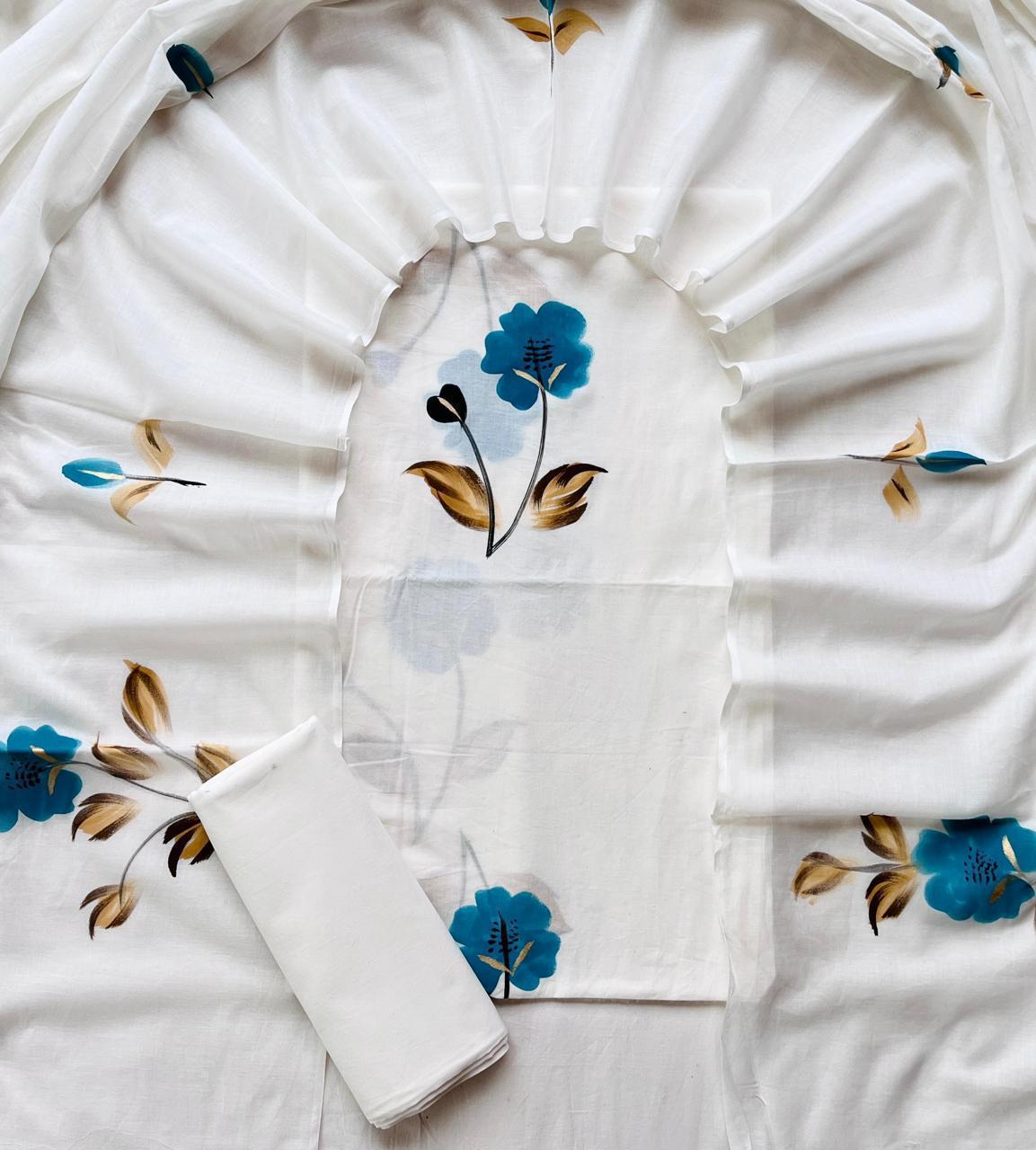 White & Teal Blue Handpainted Suit Set with Mulmul Dupatta
