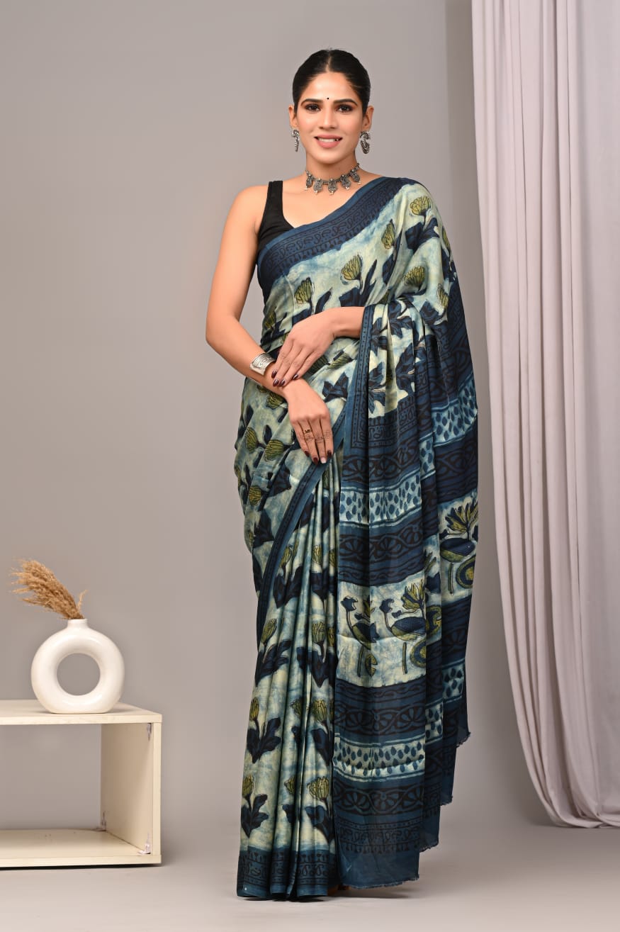 Natural Dye Vegetable Hand Block Print Ajrakh Vanaspati Pure Modal Silk Saree:
