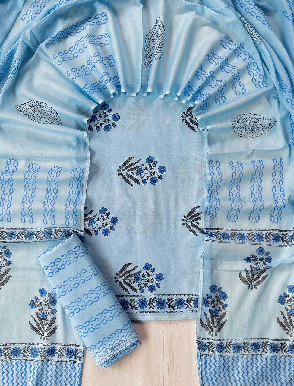 Sky Blue Floral Cotton Suit Set with Mulmul Dupatta