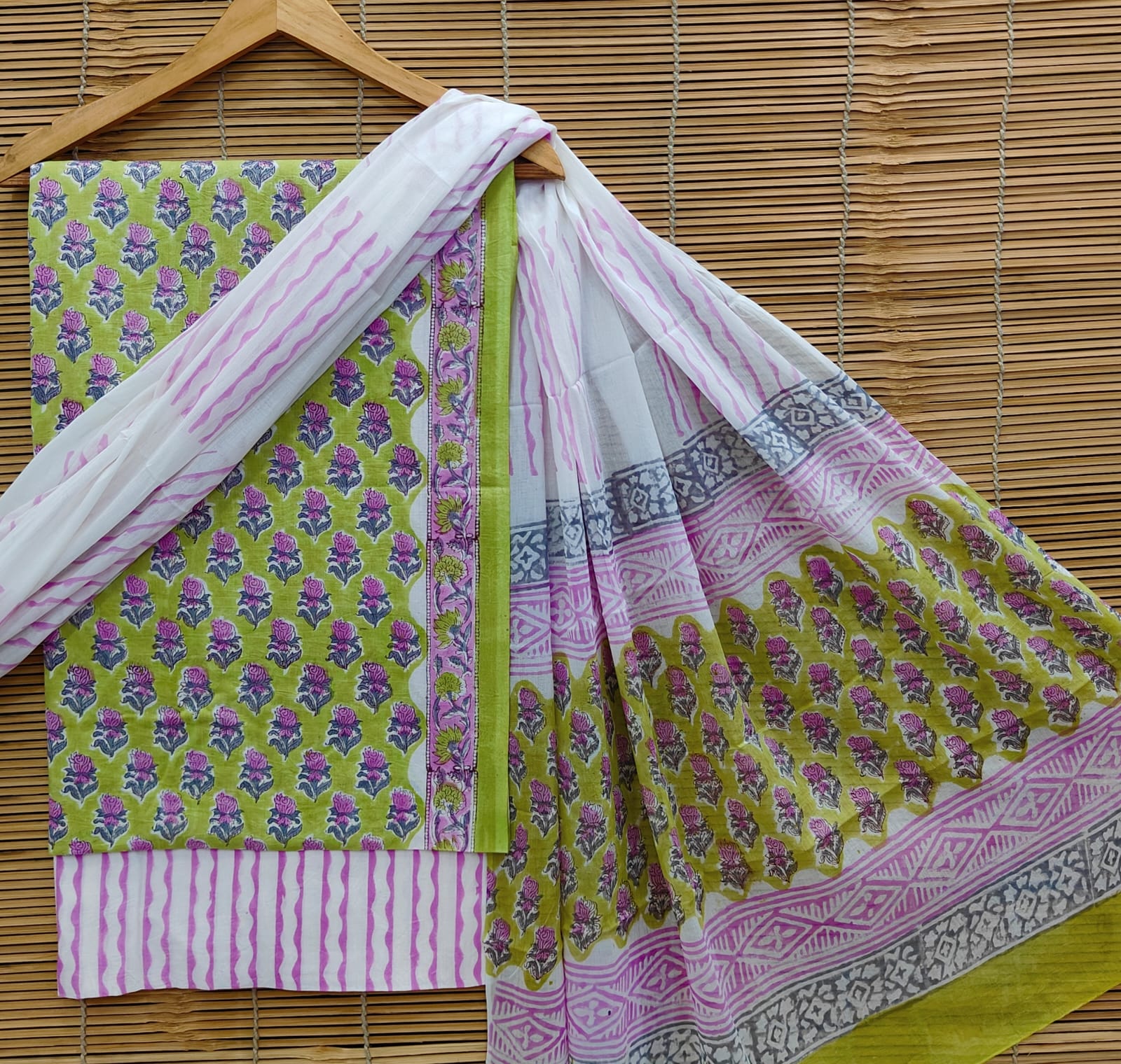 Lime Green & Lavender Hand Block Cotton Suit Set