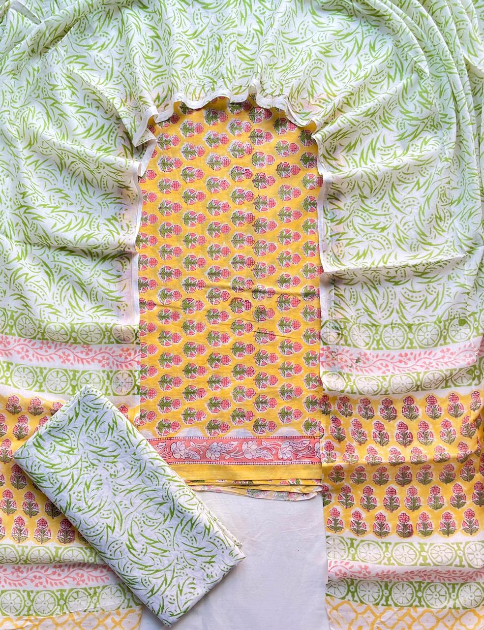 Yellow & Green Cotton Suit Set with Mulmul Dupatta