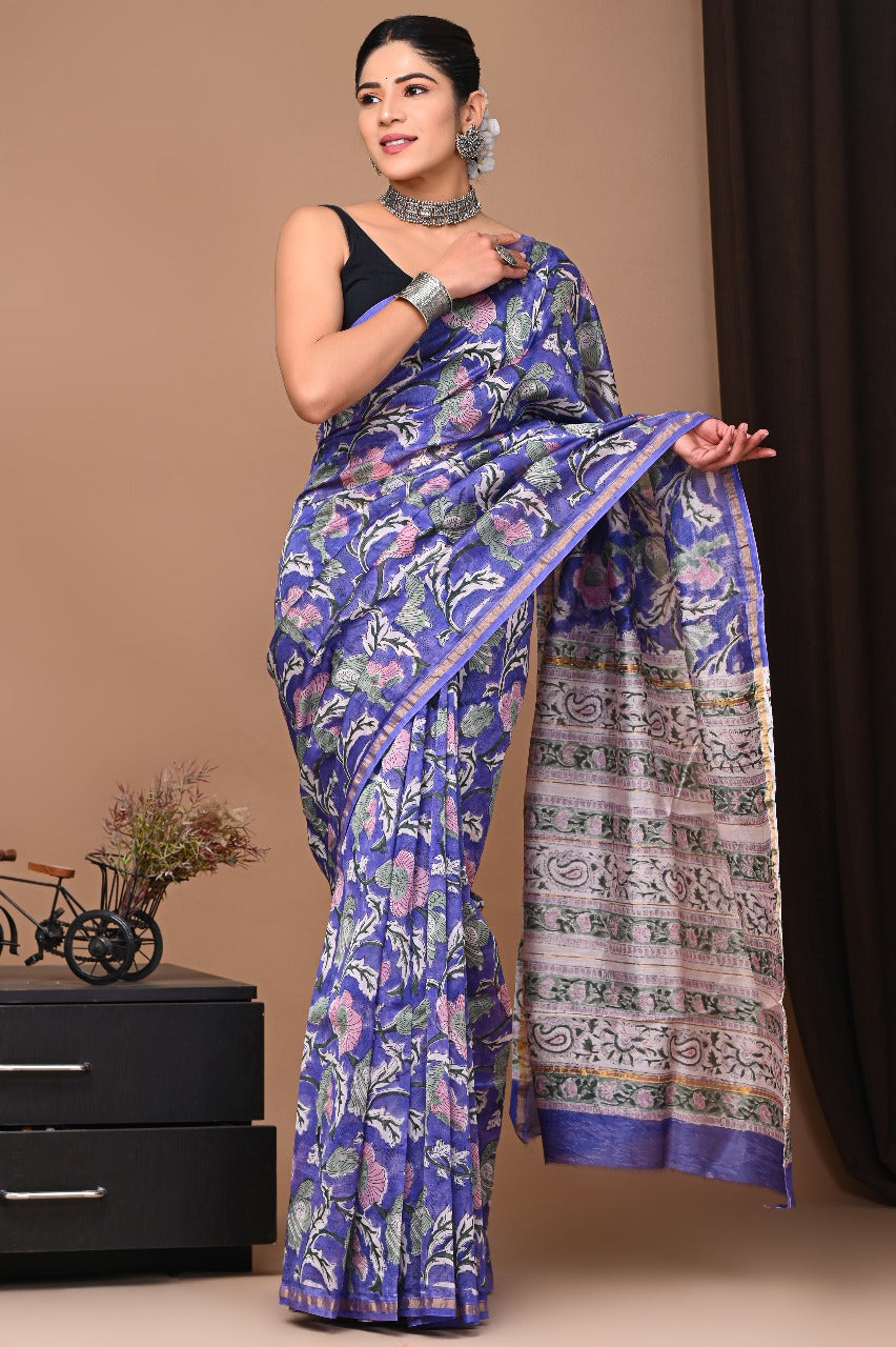 Exclusive Pure Hand Block Printed Chanderi Silk Saree