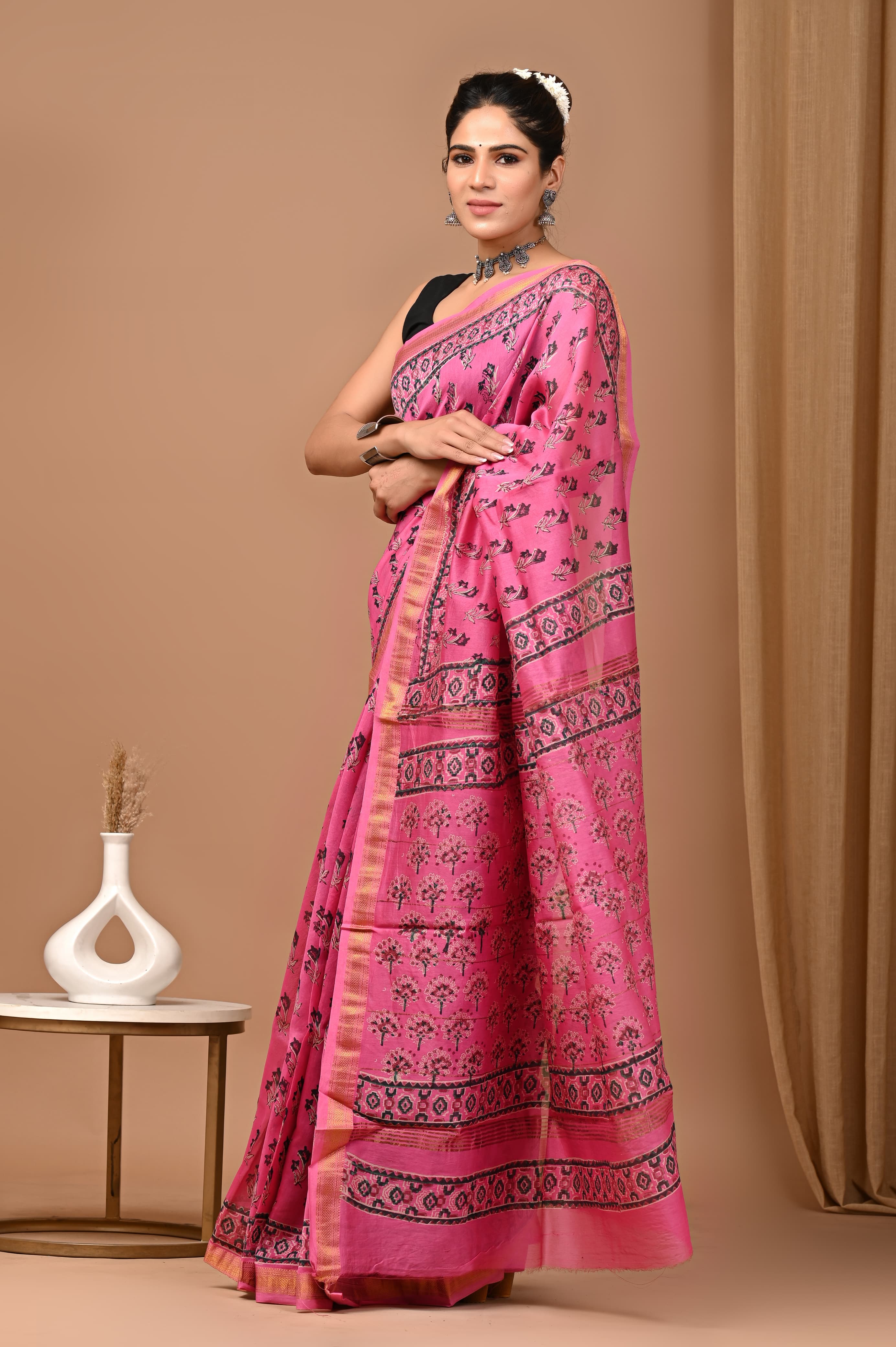 Rosy Pink Handblock Cotton Saree with Golden Zari Border