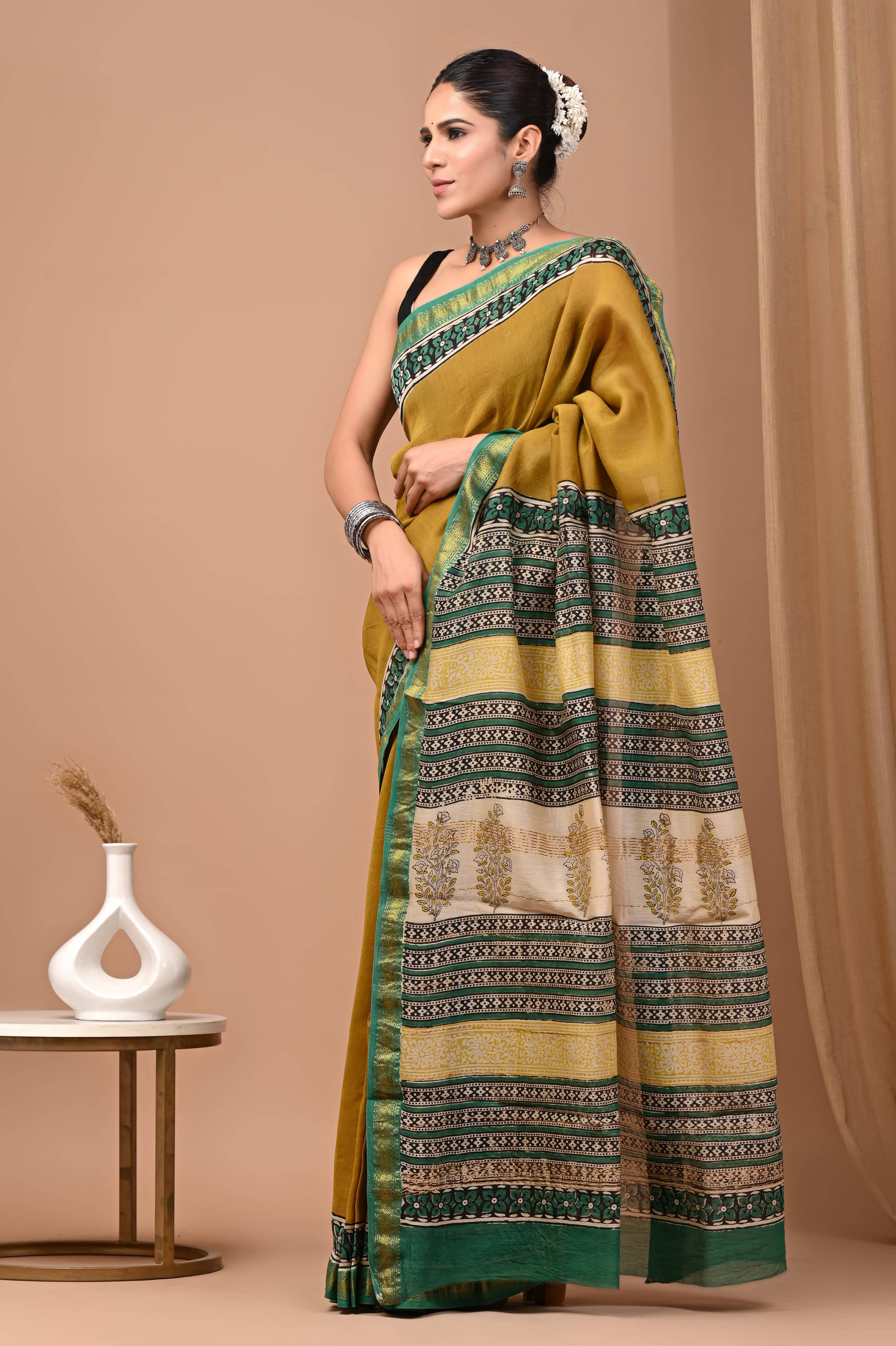 Mustard & Green Maheshwari Handloom Saree with Traditional Block Print