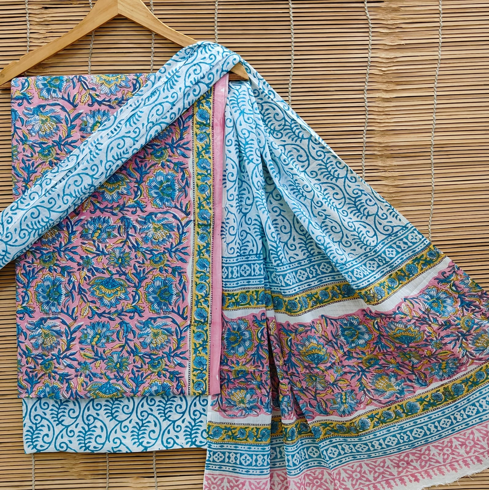Pink & Sky Blue Floral Cotton Suit Set