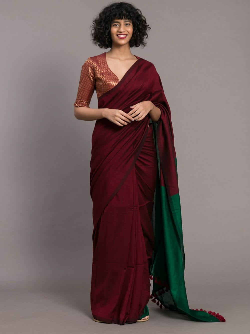 Maroon & Bottle Green Khadi Cotton Saree