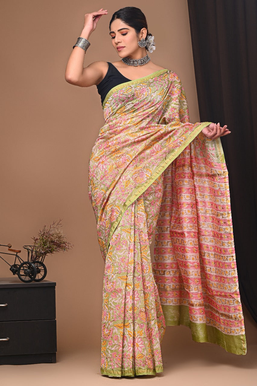 Exclusive Pure Hand Block Printed Chanderi Silk Saree