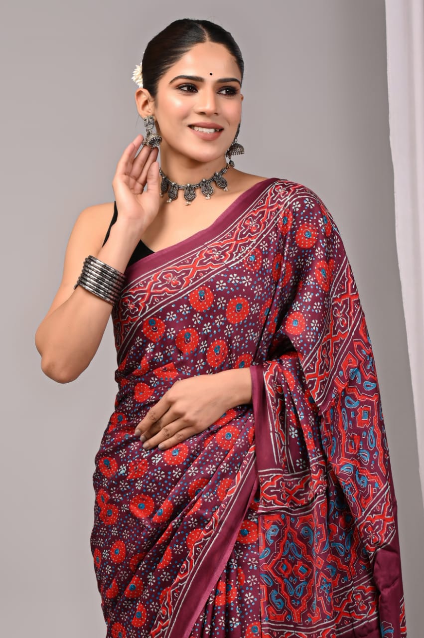 Natural Dye Vegetable Hand Block Print Ajrakh Vanaspati Pure Modal Silk Saree: