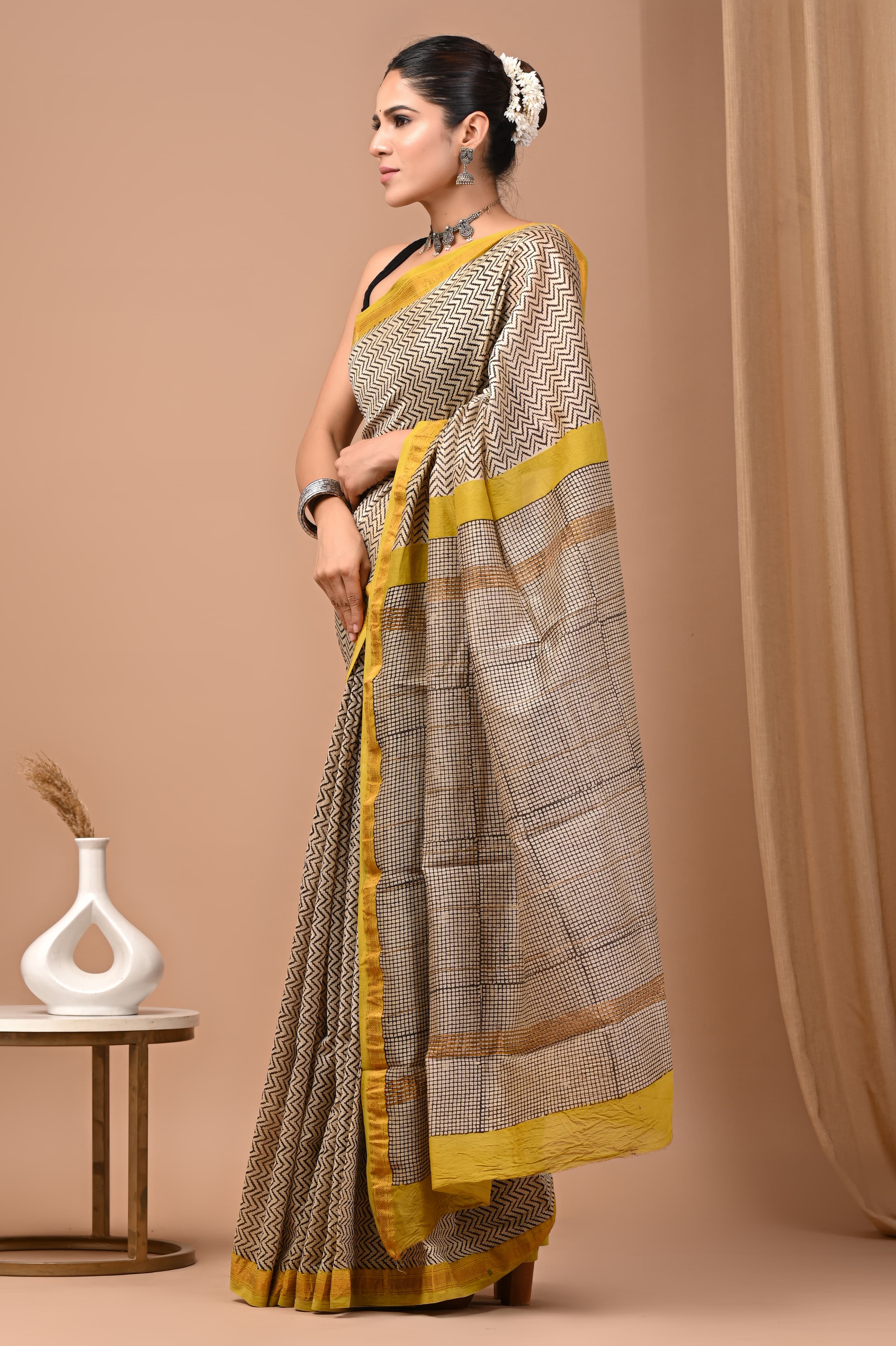 Yellow & Beige Geometric Handblock Cotton Saree