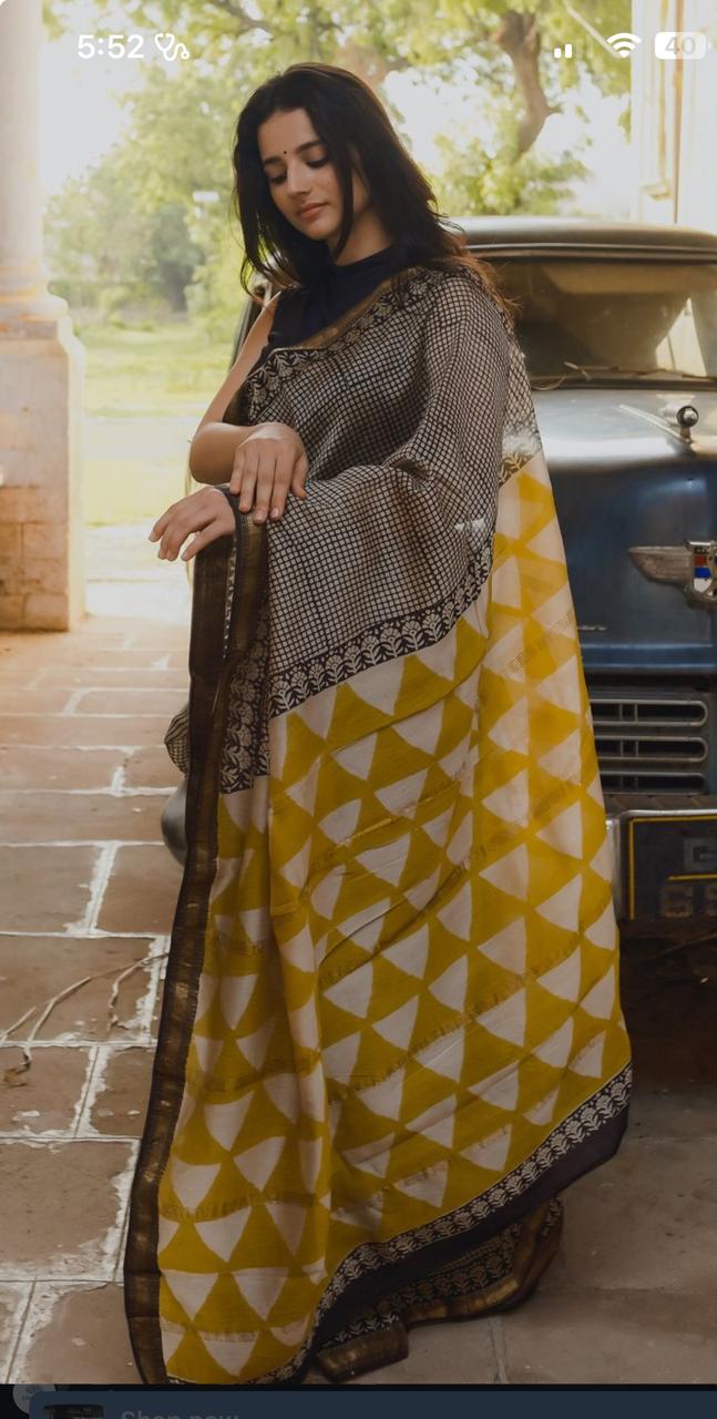 Sunlit Mustard & Black Handloom Cotton Saree