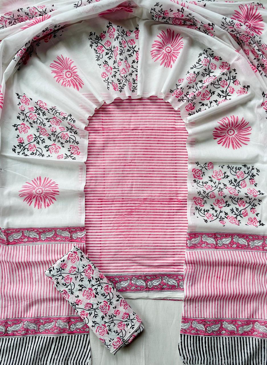 Pink Blossom Stripe Cotton Suit Set