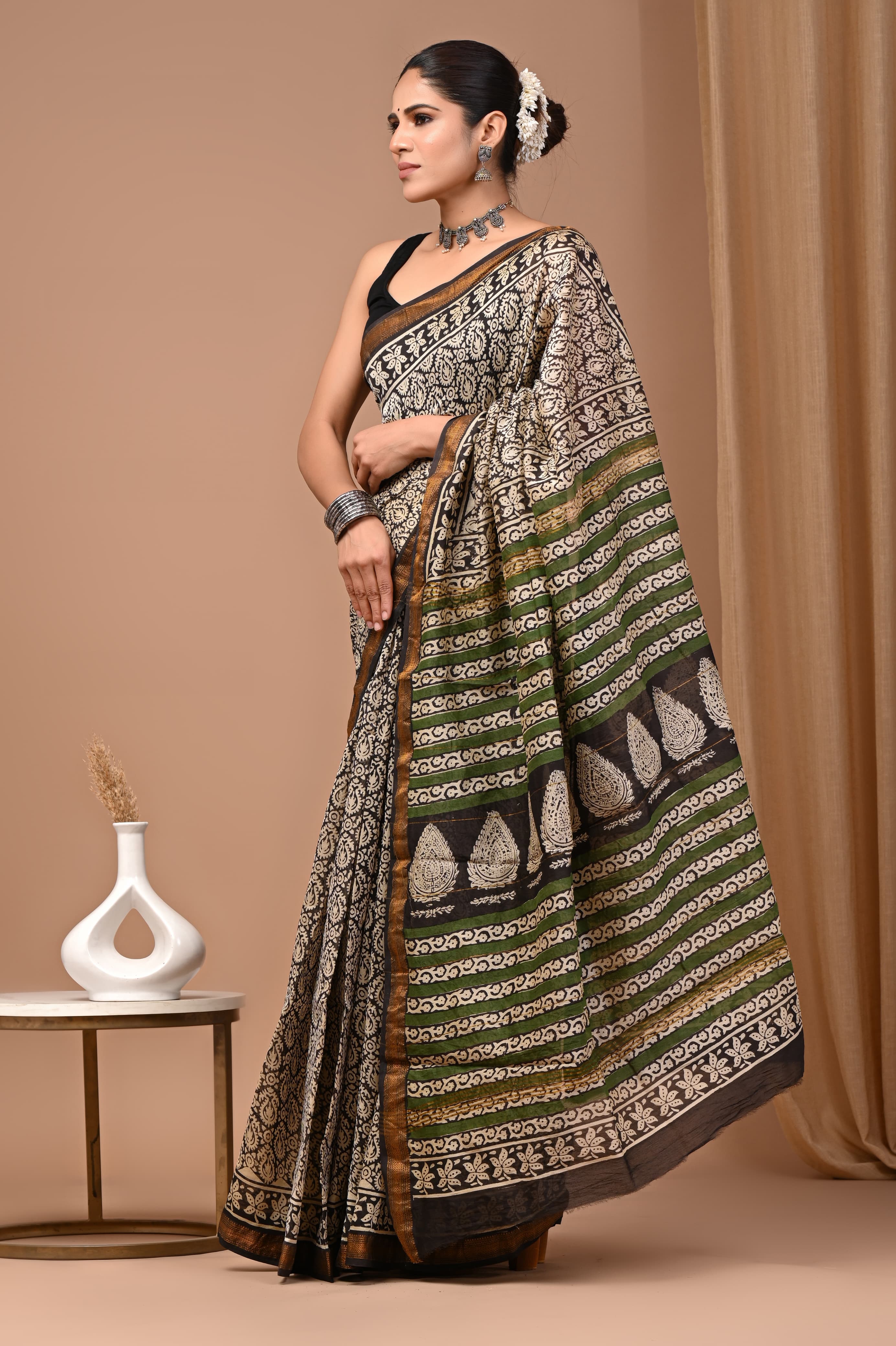 Olive and Black Traditional Handblock Print Saree