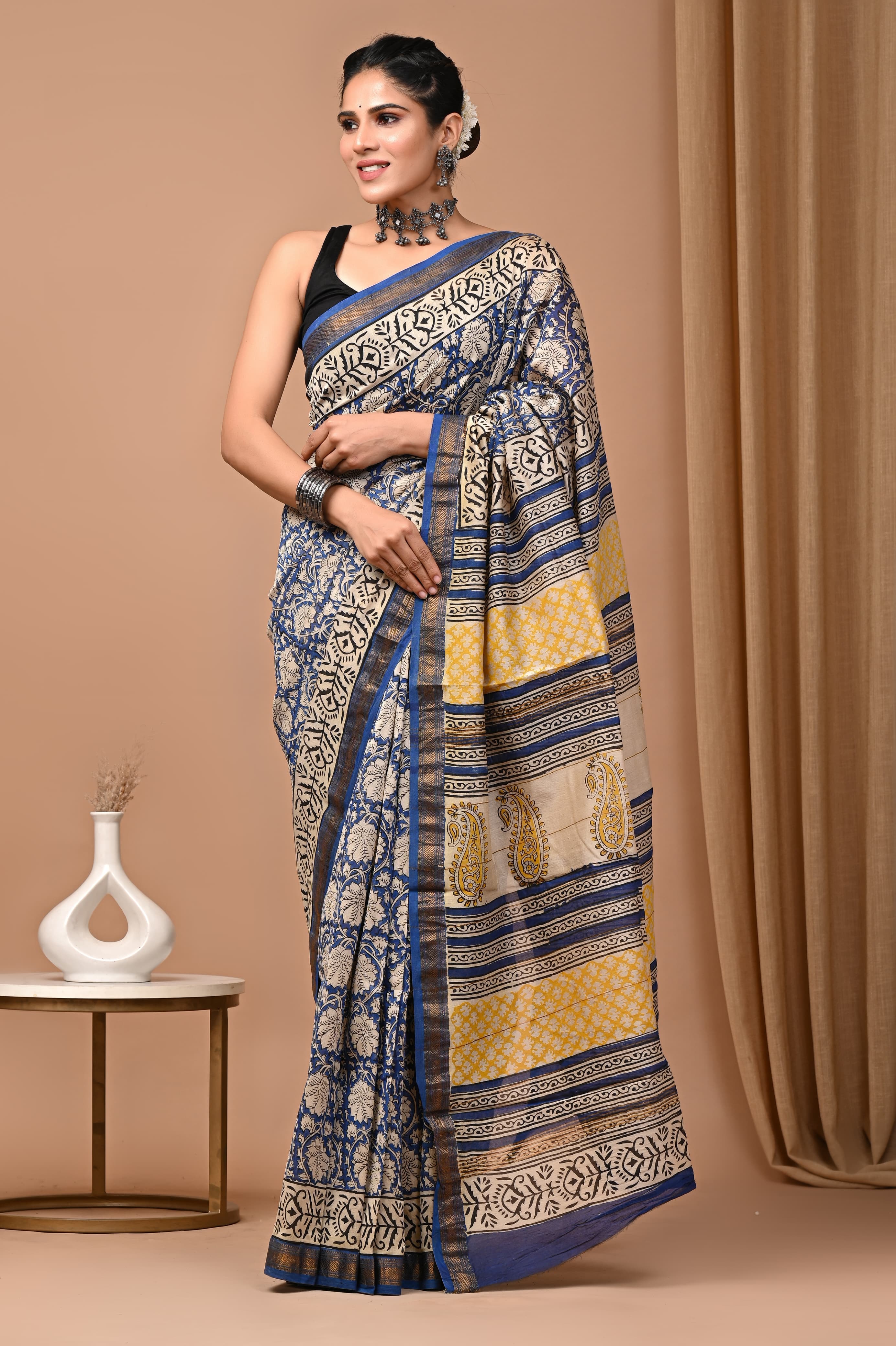 Royal Blue & Yellow Handblock Printed Cotton Saree