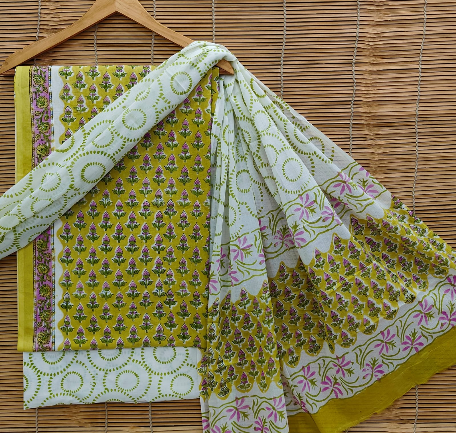 Yellow & Green Floral Cotton Suit Set