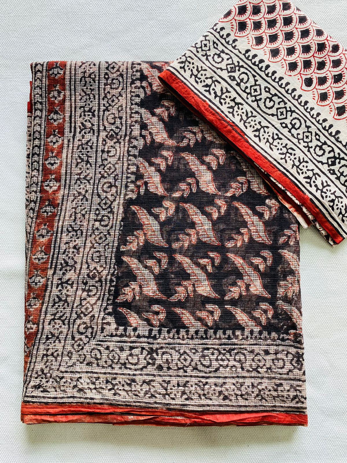 Rust Noir Handblock Kota Doria Saree