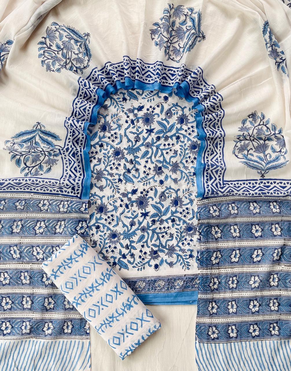 Ivory & Indigo Blue Handblock Cotton Suit Set