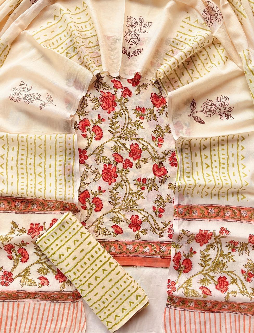 Ivory & Red Floral Cotton Suit Set with Mulmul Dupatta