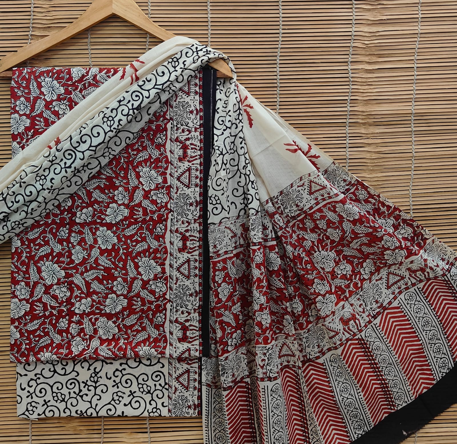Rust Red & Ivory Floral Cotton Suit Set