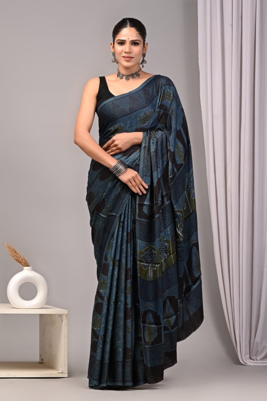 Natural Dye Vegetable Hand Block Print Ajrakh Vanaspati Pure Modal Silk Saree: