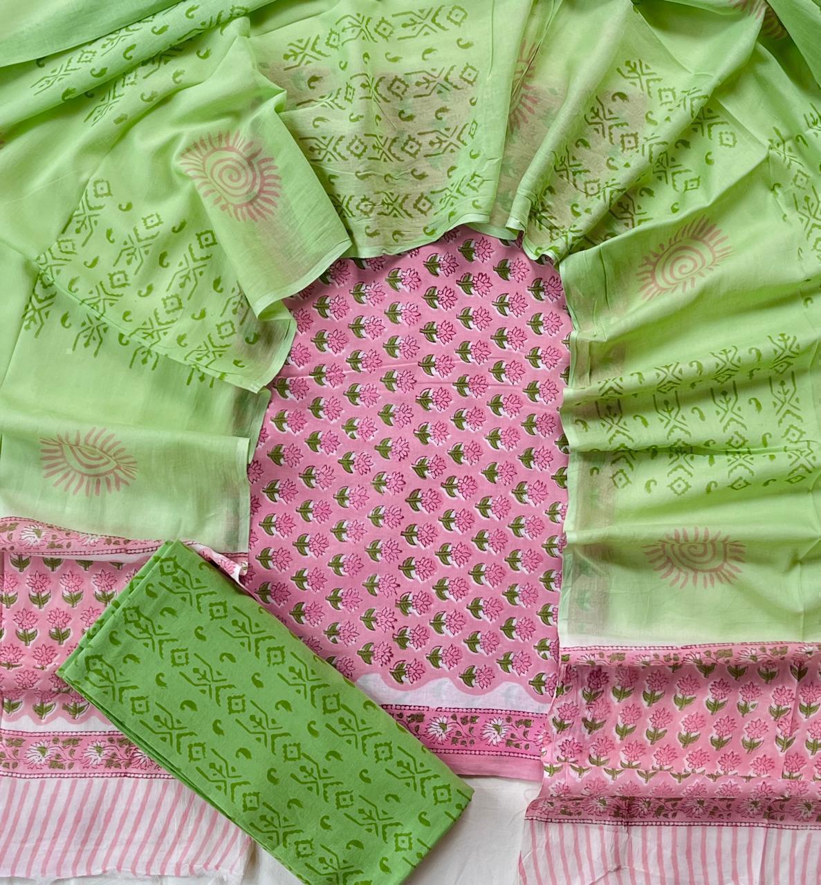 Pink & Green Cotton Suit Set with Mulmul Dupatta