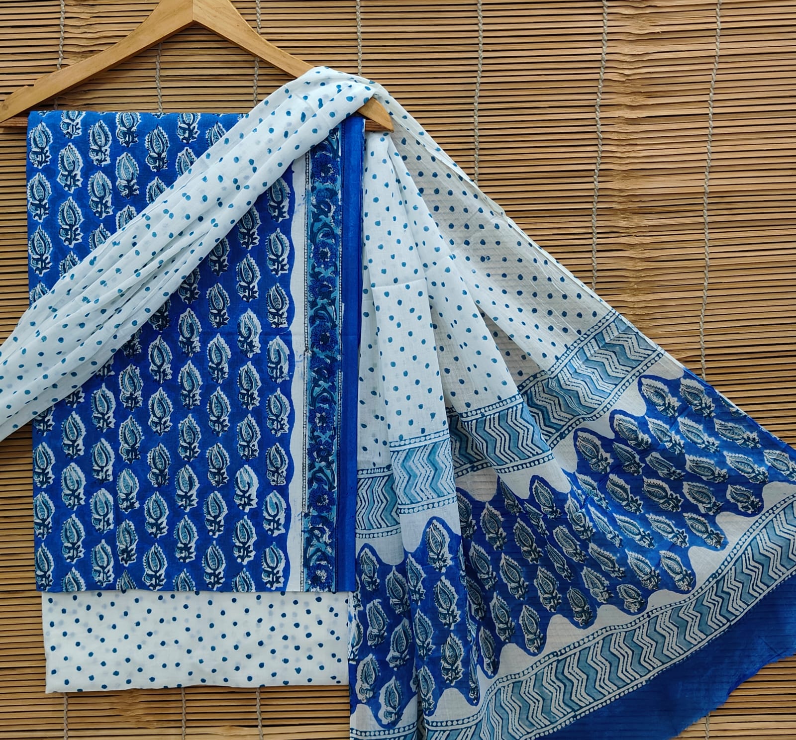 Royal Blue & White Hand Block Cotton Suit Set