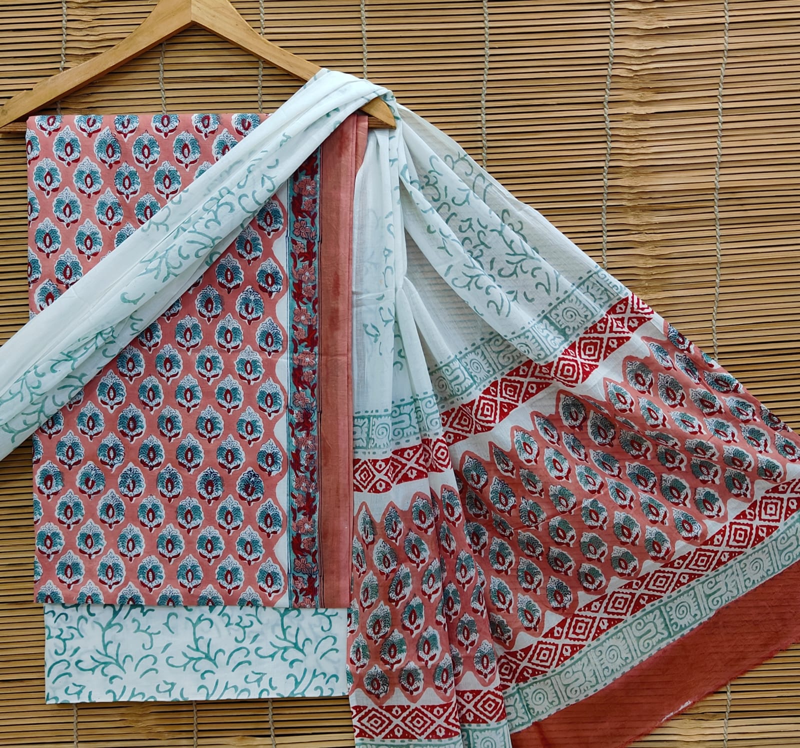 Rust & Teal Hand Block Cotton Suit Set