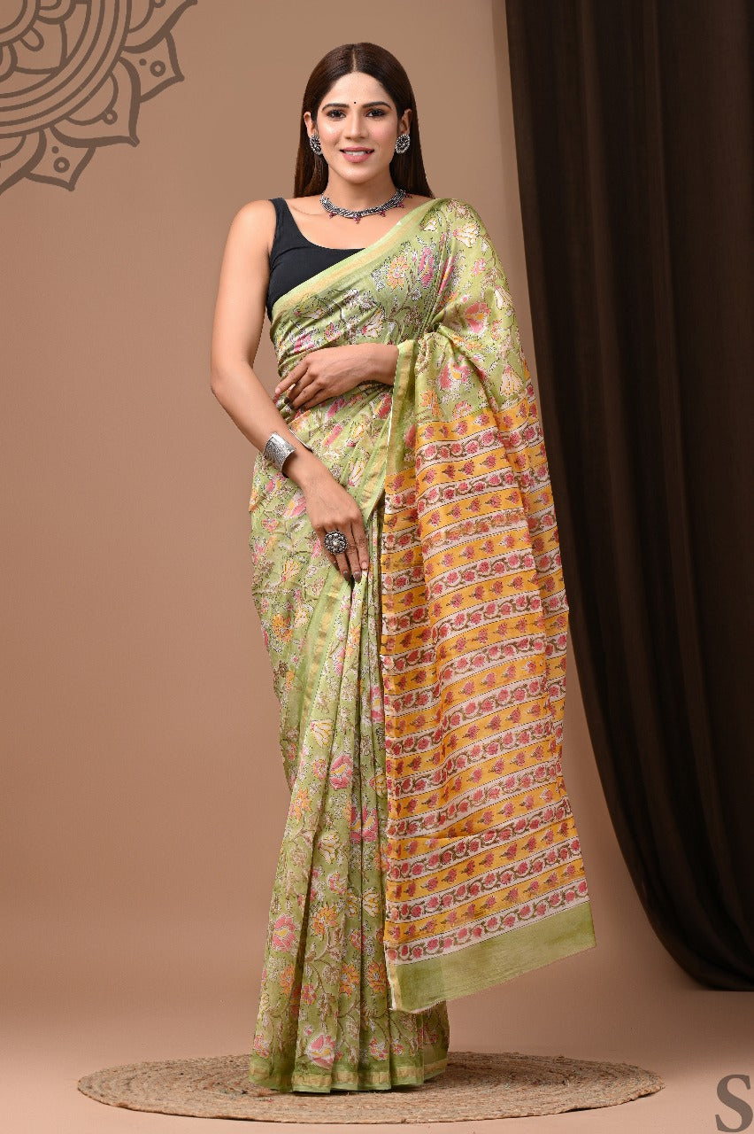 Exclusive Pure Hand Block Printed Chanderi Silk Saree