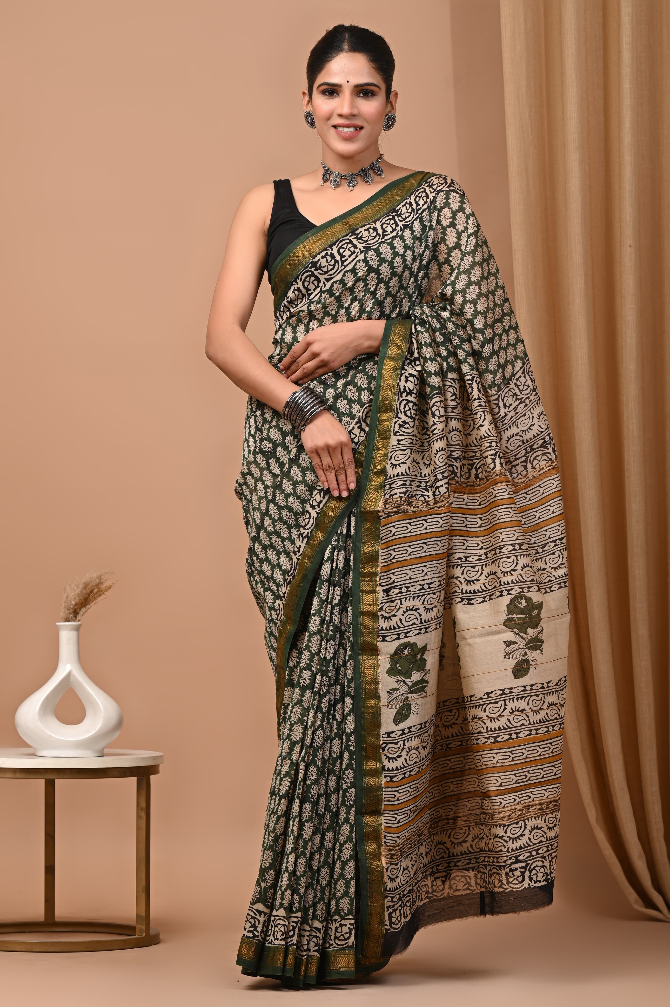 Deep Olive Green & Beige Hand Block Cotton Saree