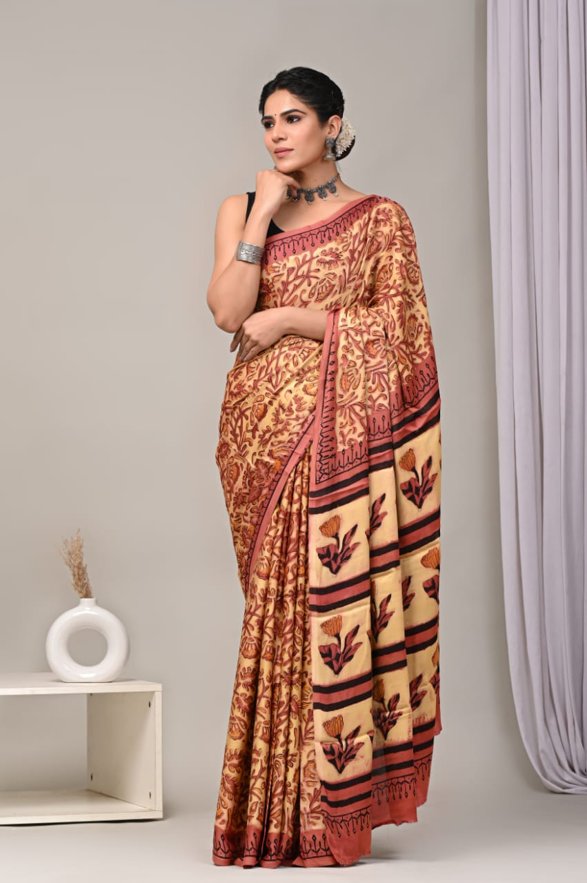 Natural Dye Vegetable Hand Block Print Ajrakh Vanaspati Pure Modal Silk Saree: