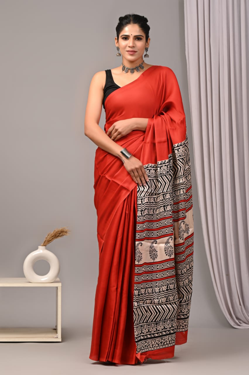 Natural Dye Vegetable Hand Block Print Ajrakh Vanaspati Pure Modal Silk Saree: