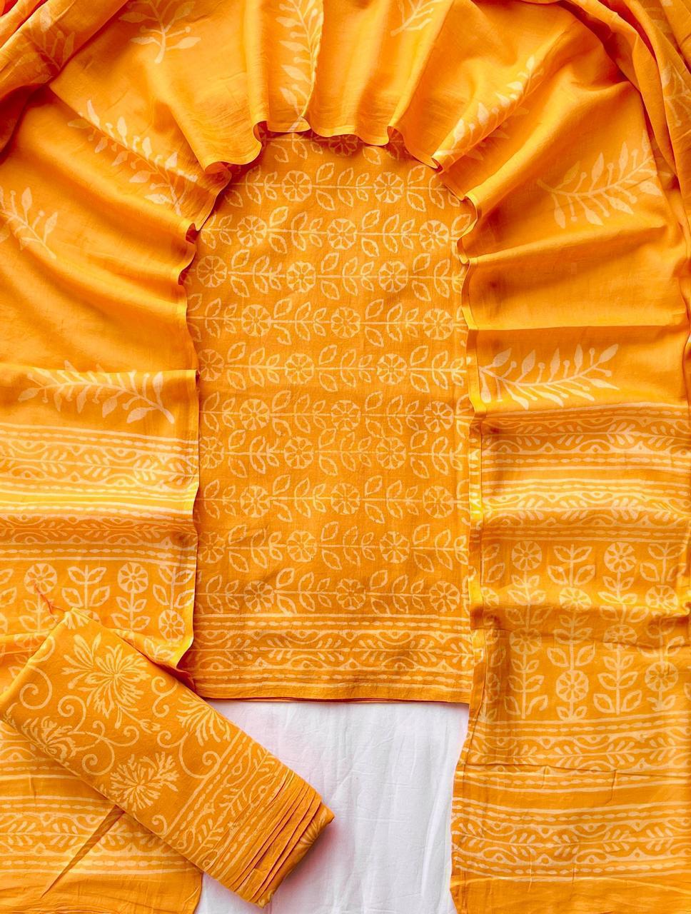 Sunshine Yellow Cotton Suit Set with Mulmul Dupatta
