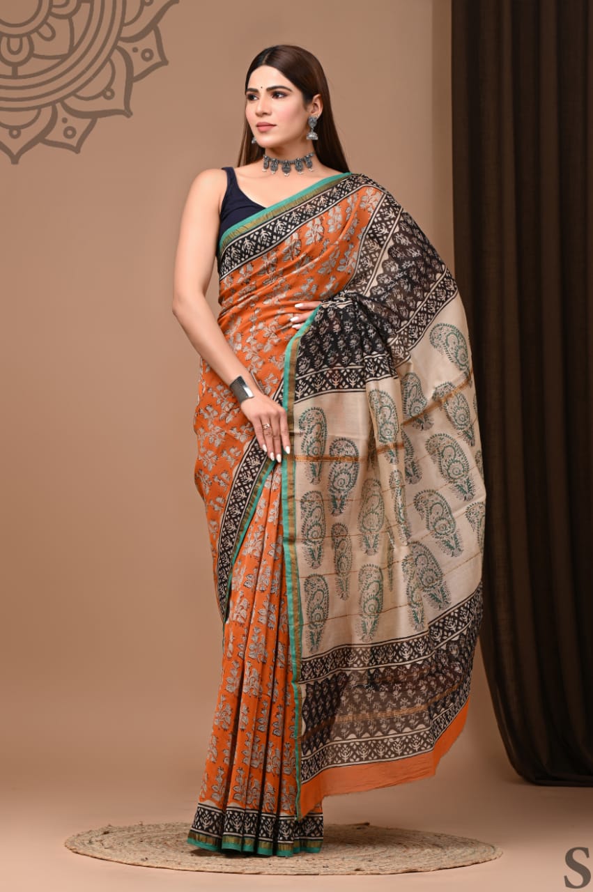Exclusive Pure Hand Block Printed Chanderi Silk Saree