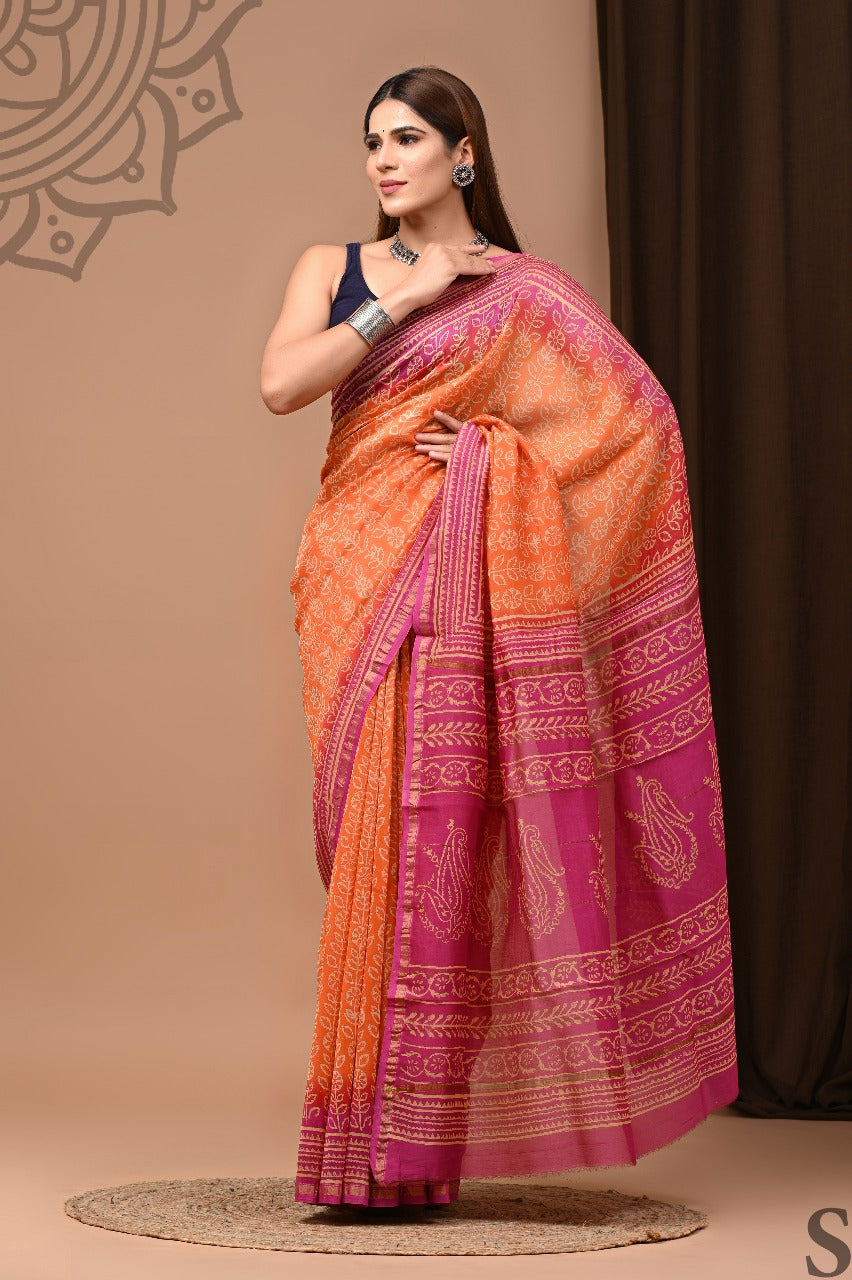 Exclusive Pure Hand Block Printed Chanderi Silk Saree