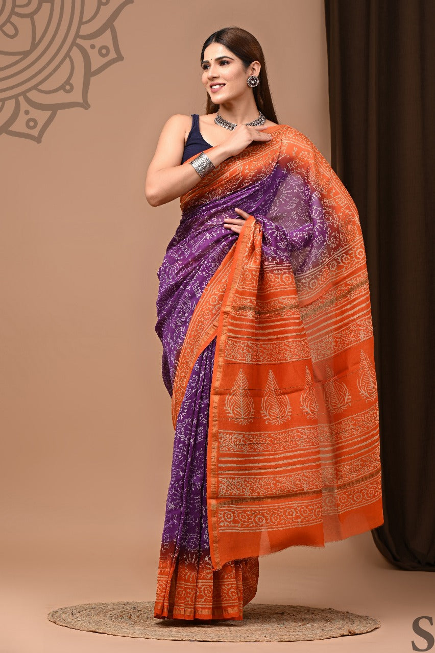 Exclusive Pure Hand Block Printed Chanderi Silk Saree