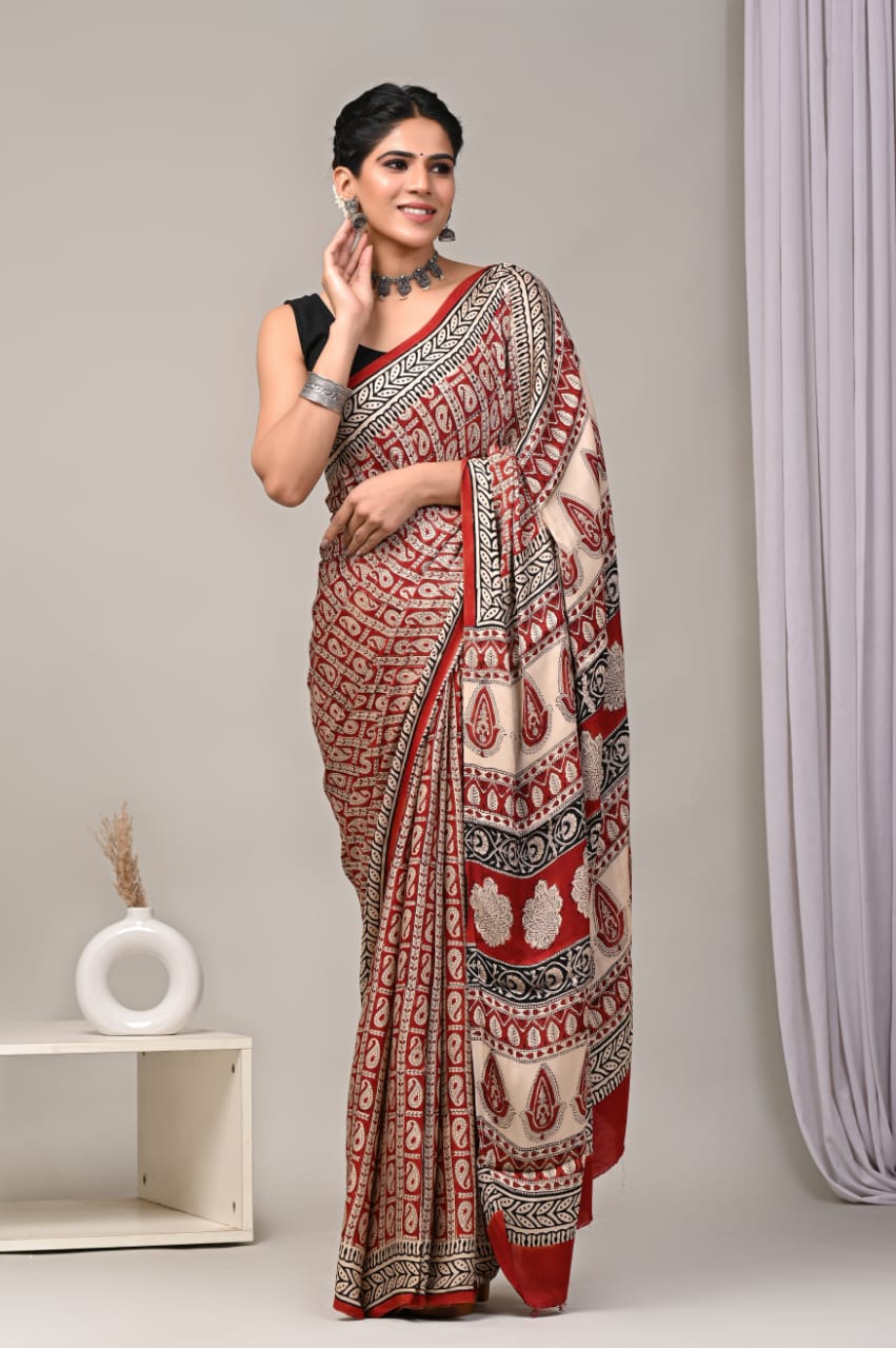 Natural Dye Vegetable Hand Block Print Ajrakh Vanaspati Pure Modal Silk Saree: