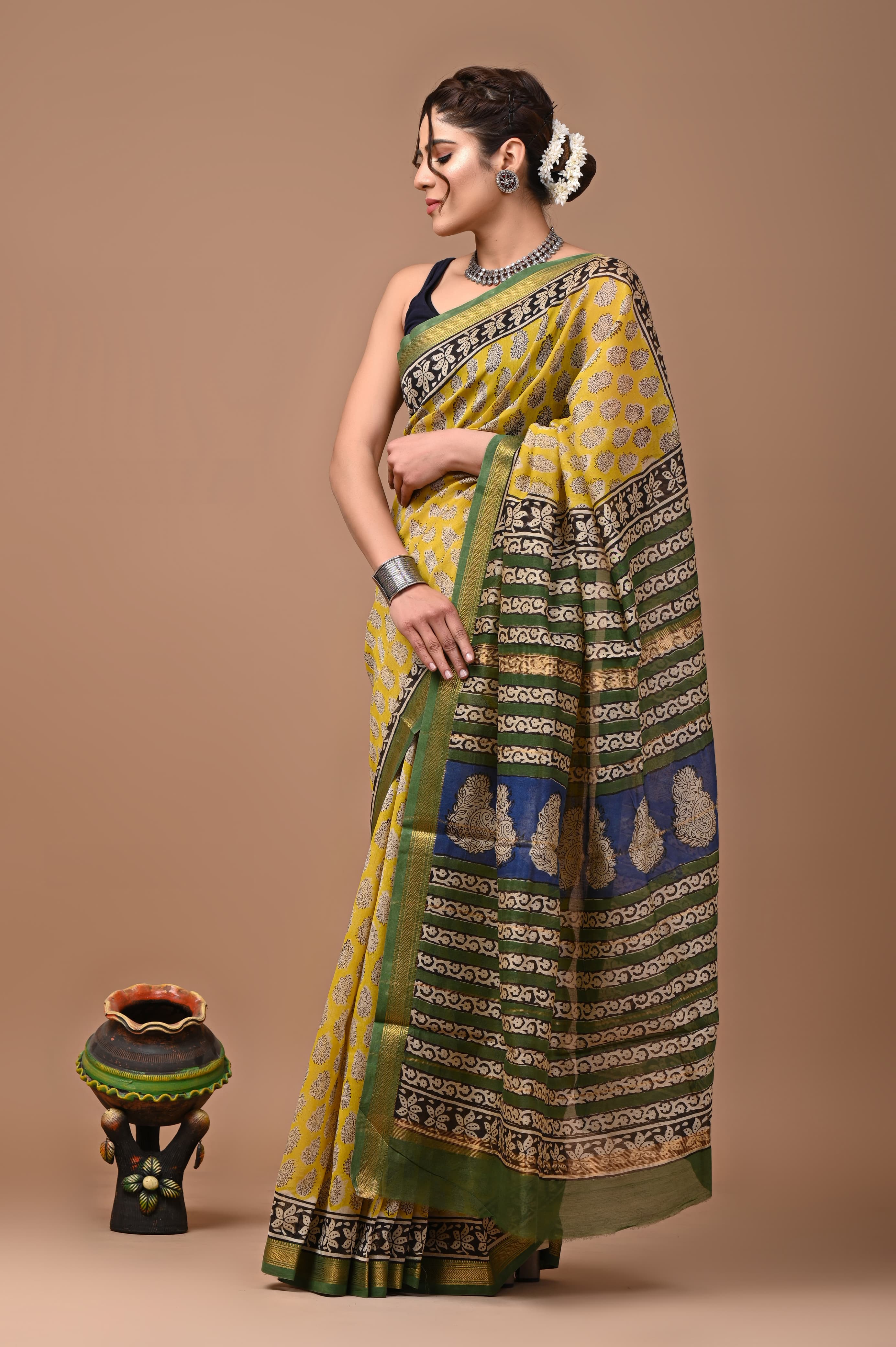 Mustard Yellow & Forest Green Handblock Cotton Saree