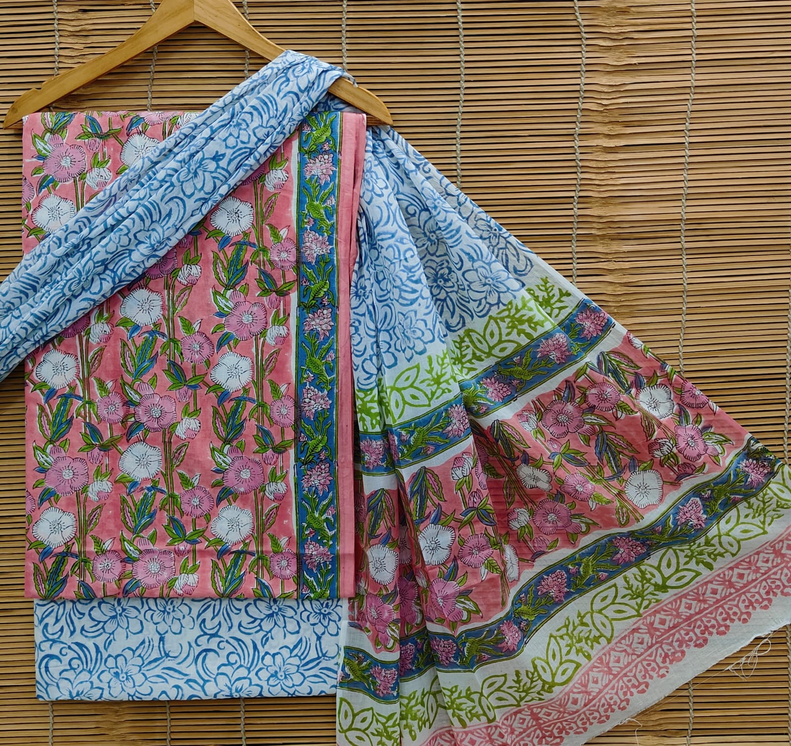 ChatGPT said: Pink & Blue Floral Handblock Cotton Suit Set