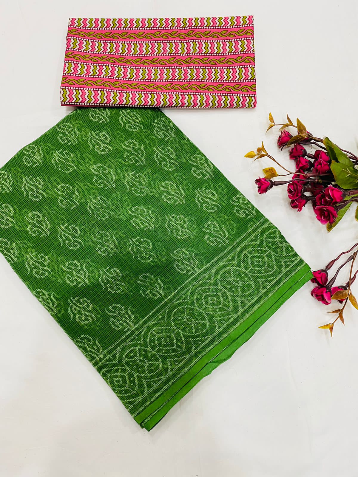 Hariyali Handblock Kota Doria Saree