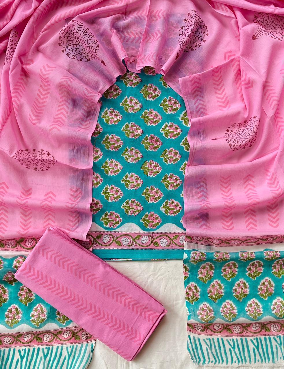 Turquoise & Pink Floral Cotton Suit Set with Mulmul Dupatta