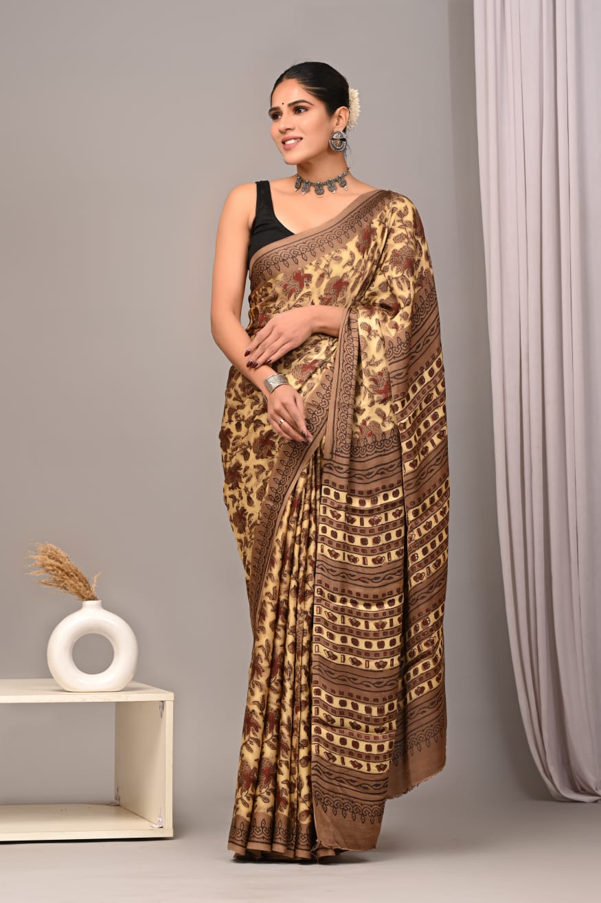 Natural Dye Vegetable Hand Block Print Ajrakh Vanaspati Pure Modal Silk Saree: