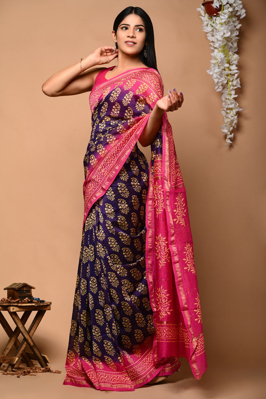 Exclusive Pure Hand Block Printed Chanderi Silk Saree
