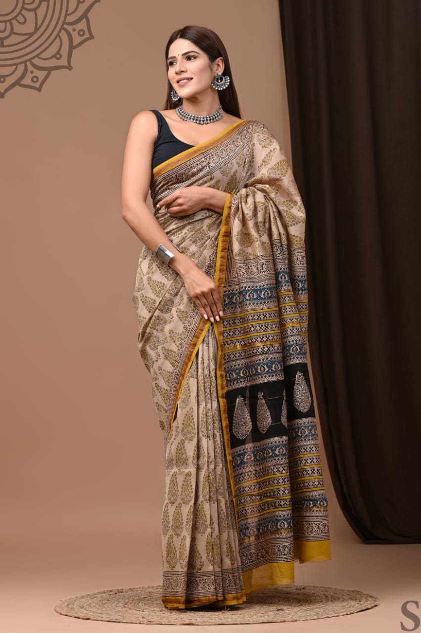 Exclusive Pure Hand Block Printed Chanderi Silk Saree