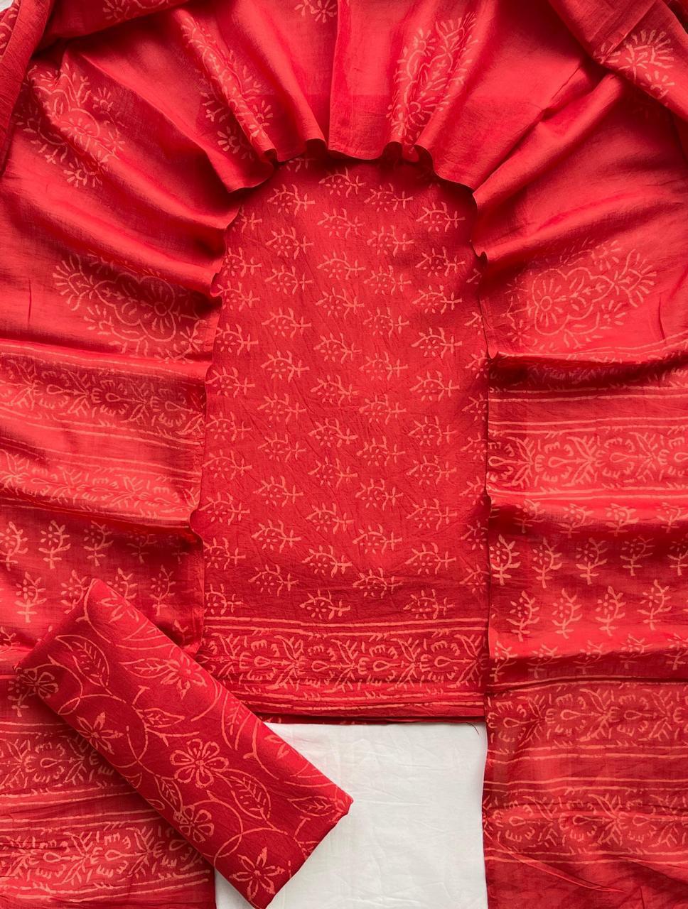Red Handblock Cotton Suit Set with Mulmul Dupatta