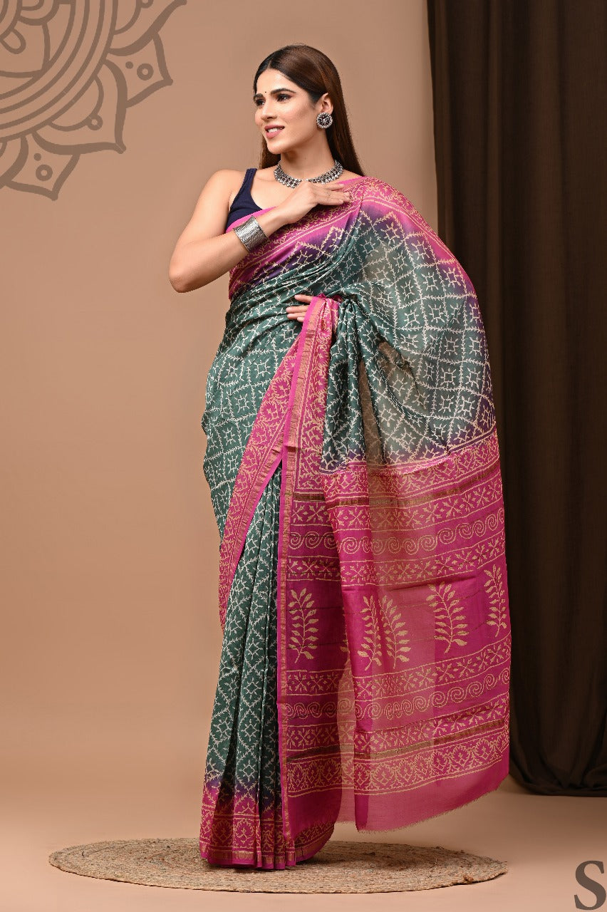 Exclusive Pure Hand Block Printed Chanderi Silk Saree
