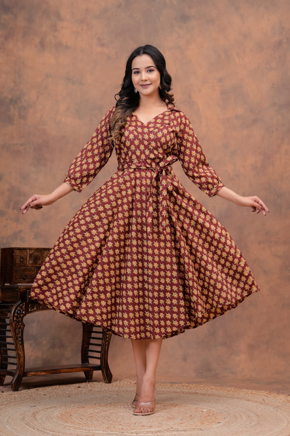 Maroon Mustard Floral Cotton Dress