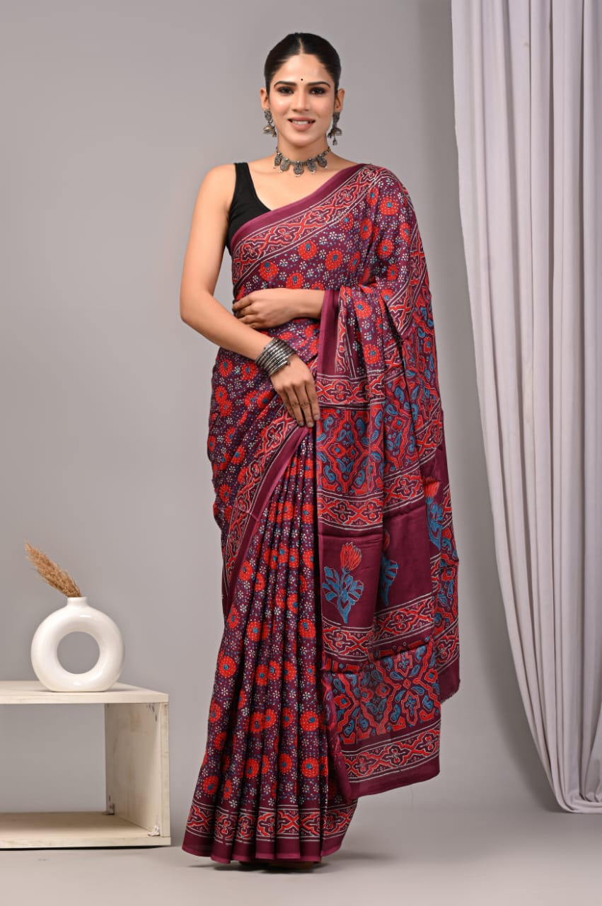 Natural Dye Vegetable Hand Block Print Ajrakh Vanaspati Pure Modal Silk Saree: