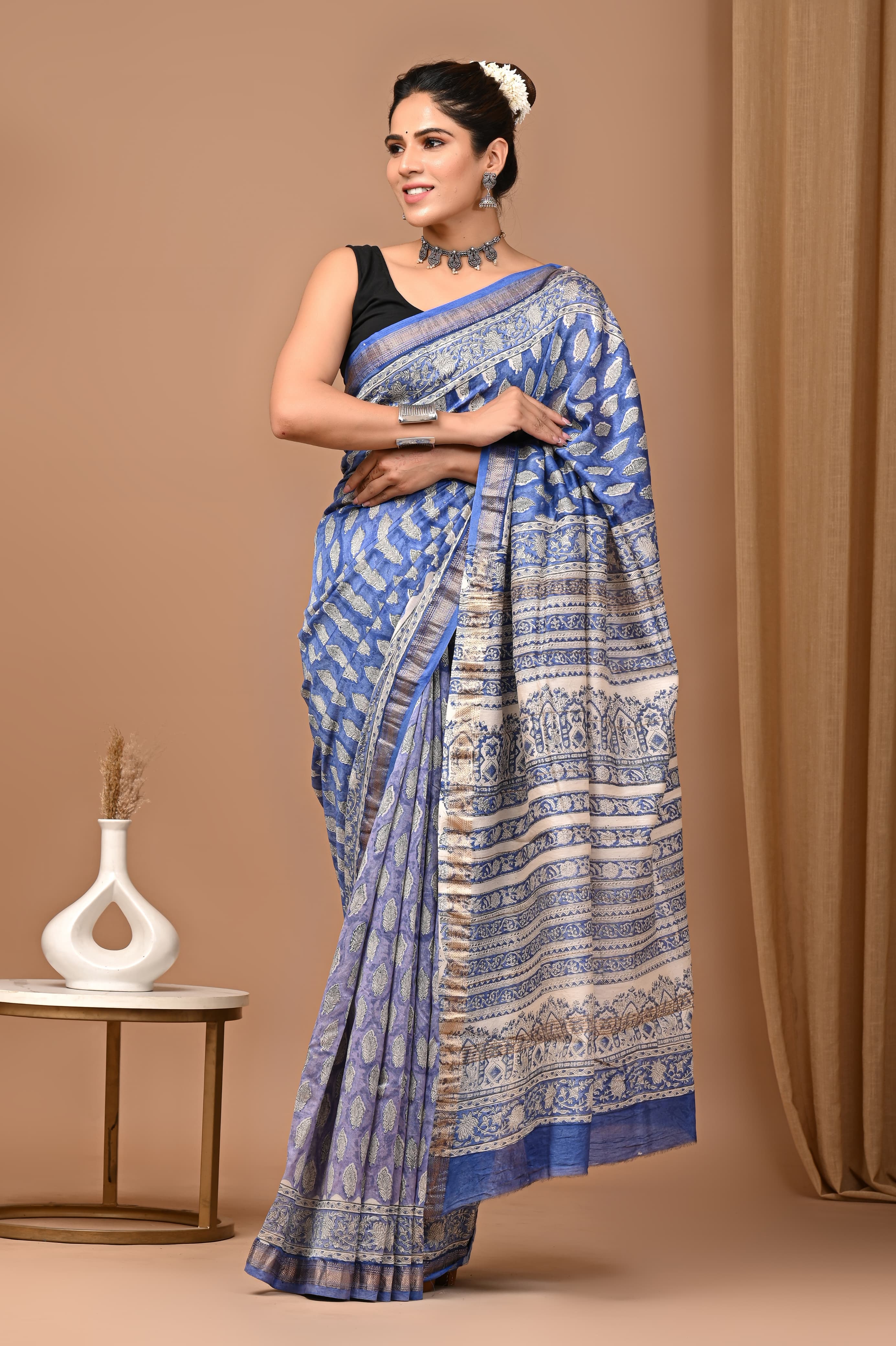 Royal Blue & Beige Dabu Printed Cotton Saree